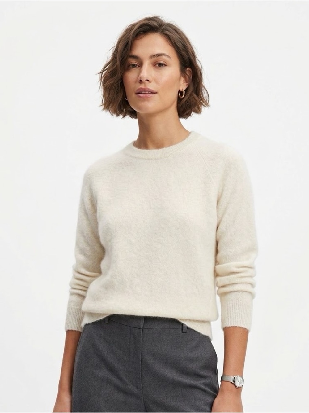 Vintage Cream Angora Wool Crewneck Sweater Quiet Luxury Minimalist Soft Plush